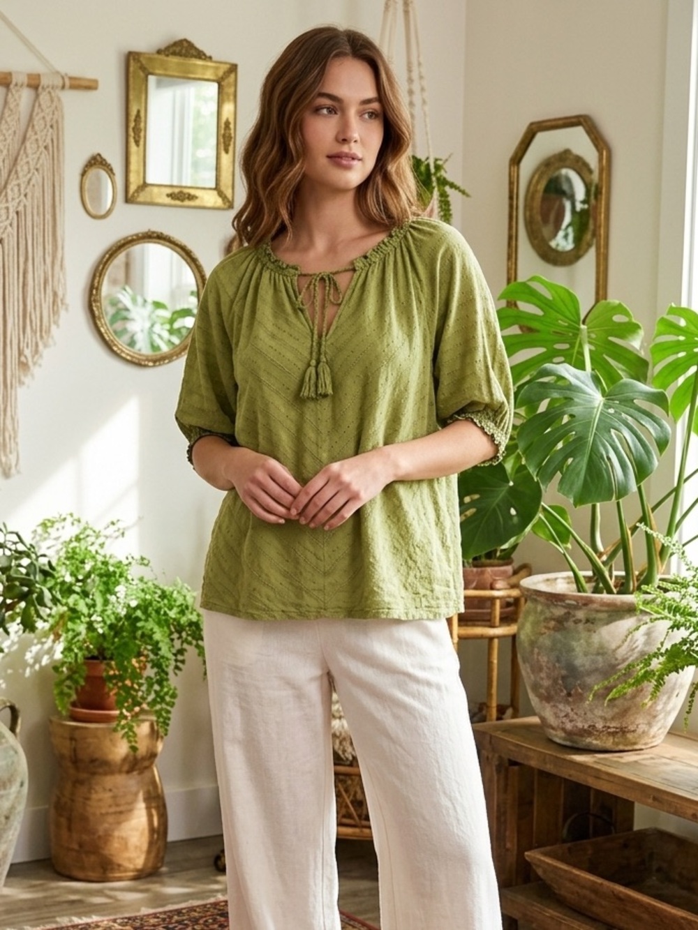 Wonderly Olive green Boho Blouse – Size Small